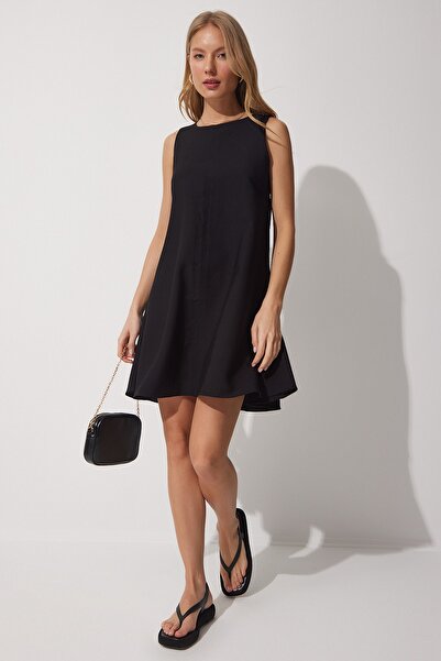 Happiness İstanbul Dámské černé letní tkané šaty A-Line BF00067