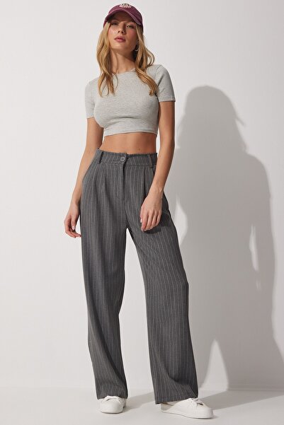 Happiness İstanbul Dámské šedé tenké proužkované šipky široké kalhoty HF00416