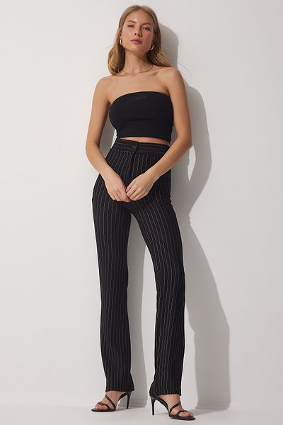 Happiness İstanbul Women's Black High Waist Striped Pants RV00094