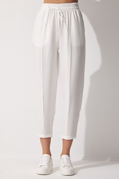 Happiness İstanbul Dámské bílé plátěné kalhoty Shalwar TO00050 s bočními kapsami