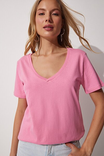 Happiness İstanbul Women's Pink V-Neck Cotton Basic Tshirt UB00023