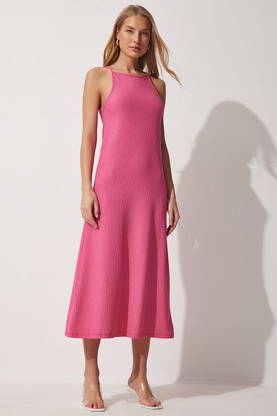 Happiness İstanbul Rochie tricotată lungă de vară cu bretele roz pentru femei DZ00078