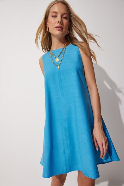 Happiness İstanbul Dámské modré letní tkané zvonové šaty BF00067