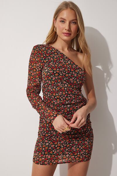 Happiness İstanbul Dámské zelené černé květinové šifonové šaty na jedno rameno UB00035