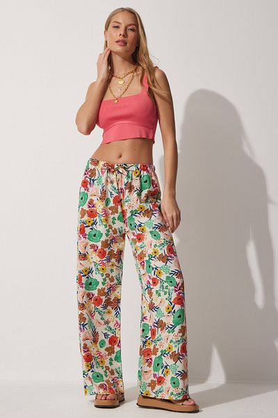 Happiness İstanbul Women's Beige Green Floral Linen Palazzo Trousers BH00385