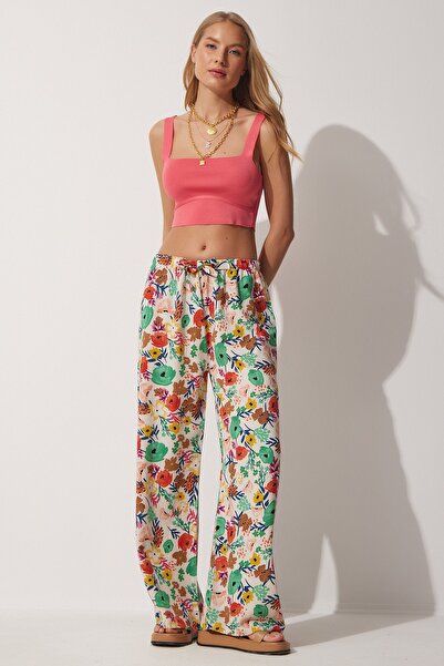 Happiness İstanbul Γυναικείο Μπεζ Πράσινο Λινό Παντελόνι Palazzo BH00385