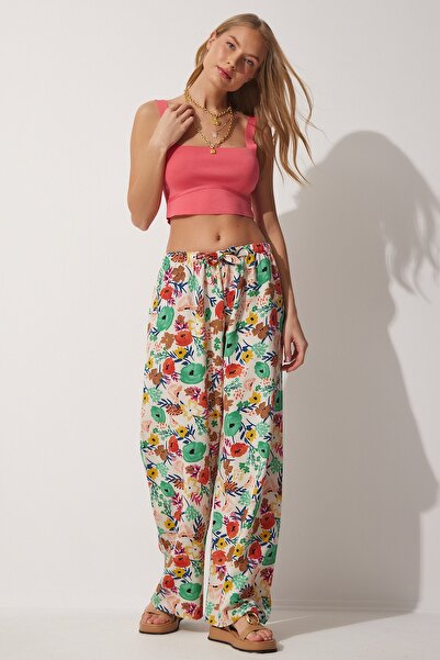 Happiness İstanbul Γυναικείο Μπεζ Πράσινο Λινό Παντελόνι Palazzo BH00385