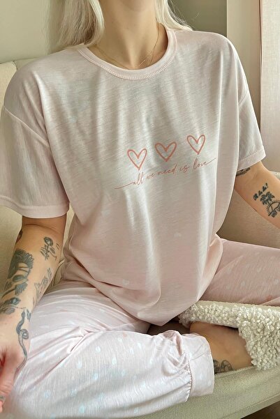 Pijamaevi Salmon Three Heart Printed Knitted Short Sleeve Women's Pajama Set
