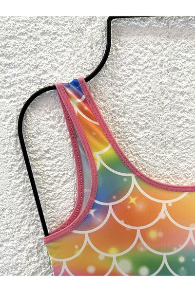 Rs Ramuni Girl's Swimsuit Rainbow Mermaid Patterned Digital Printed Sea Pool Swimsuit