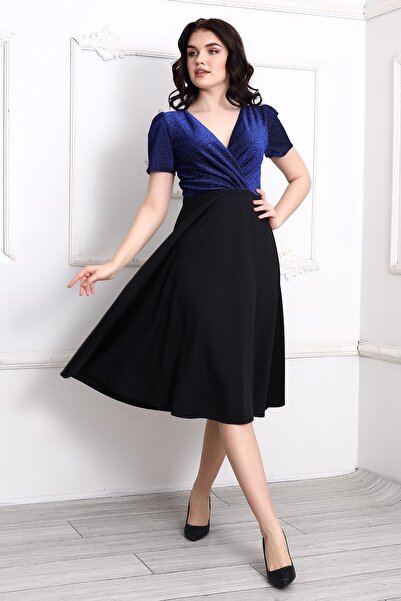 Rokka Moda Pileli Kruvaze Simli Midi Elbise