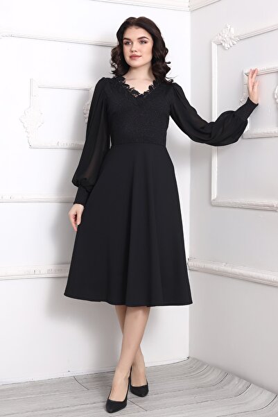 Rokka Moda Şifon Kol Önü Simli Midi Elbise