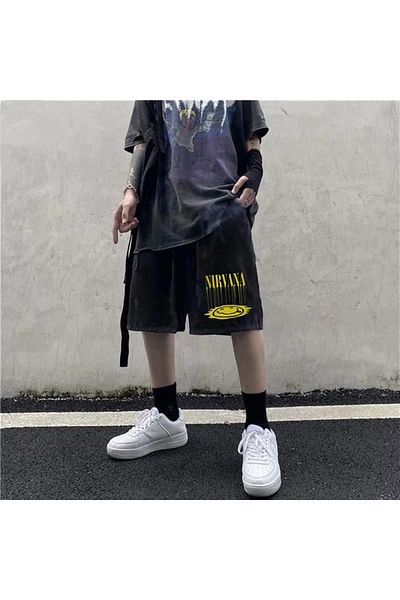 Touz Nirvana εμπριμέ μαύρο unisex χτενισμένο βαμβακερό σορτς