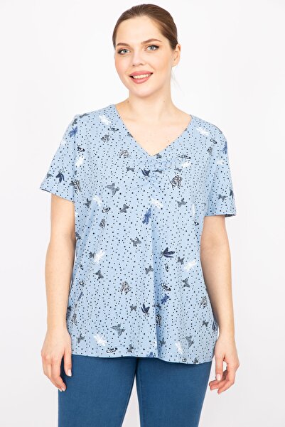 Şans Γυναικεία Μπλούζα Μπλε μεγάλου μεγέθους από βαμβακερό ύφασμα στήθος μαζεμένο 65n35864