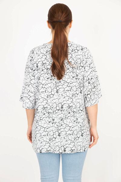 Şans Women's Bone Large Size Woven Viscose Fabric Front Buttoned Short Sleeve Blouse 65n35879