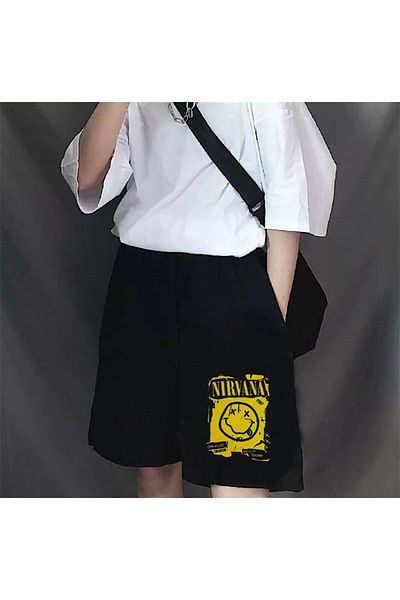 Touz Unisex Μαύρο χτενισμένο βαμβακερό σορτς Nirvana Smile