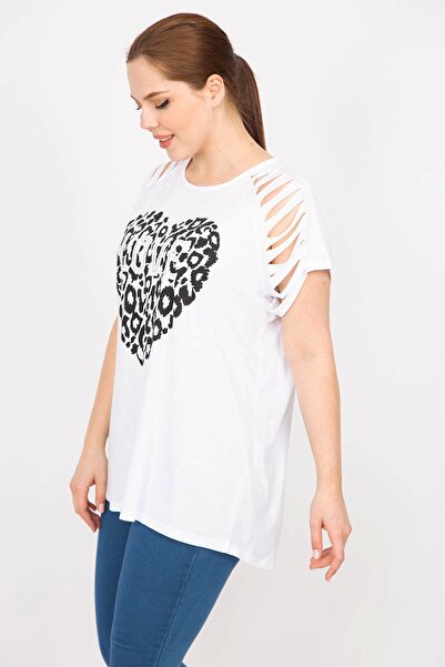 Şans Women's White Plus Size Sleeves Laser Cut Stone and Print Detailed Blouse 65n35884