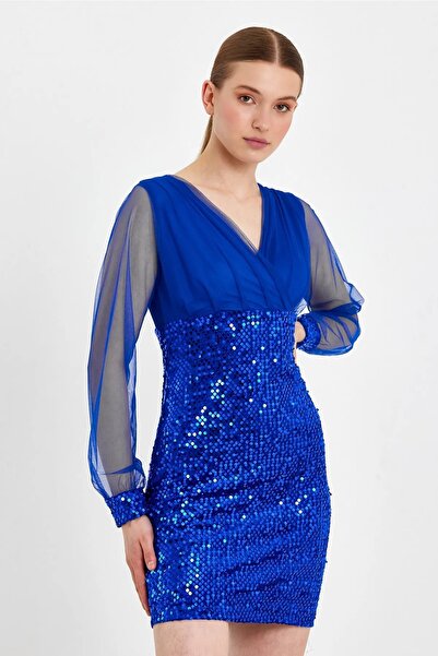 SELİN MODA EVİ Trend Mini Pullu Kadife Kalem Elbise