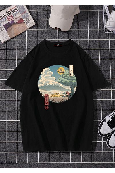 Buğraterzimoda Μπλουζάκι Totoro Anime Printed Unisex Μαύρο Oversize