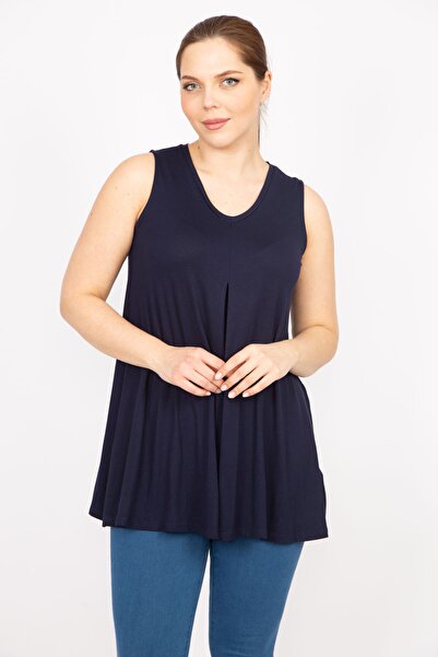 Şans Women's Navy Blue Large Size Front A Pleated Blouse 65n35858