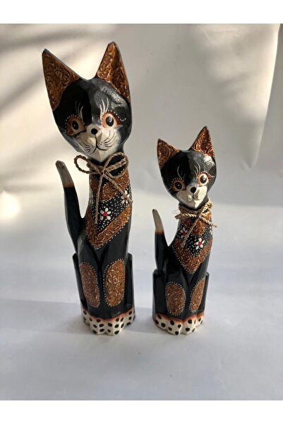 Tam Seramik Dekoratif Ahşap Biblo Kedi 2 Adet