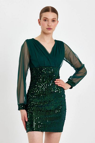 SELİN MODA EVİ Trend Mini Sequin Velvet Pencil Dress