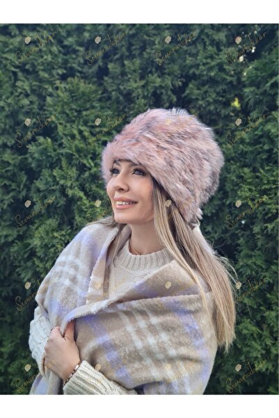 sevaradekor Faux Fur Women's Kalpak Feather Plush Snow Hat Beanie Pink Black Melted Women's Beret