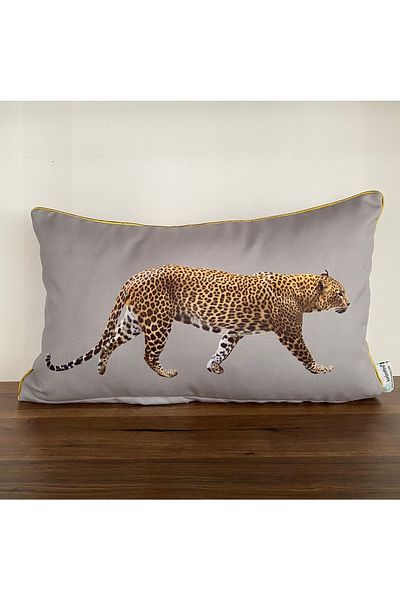 KIRLENTİM E812grey Floor Edges Gold Piping Double Sided Leopard Patterned Throw Pillow Cover