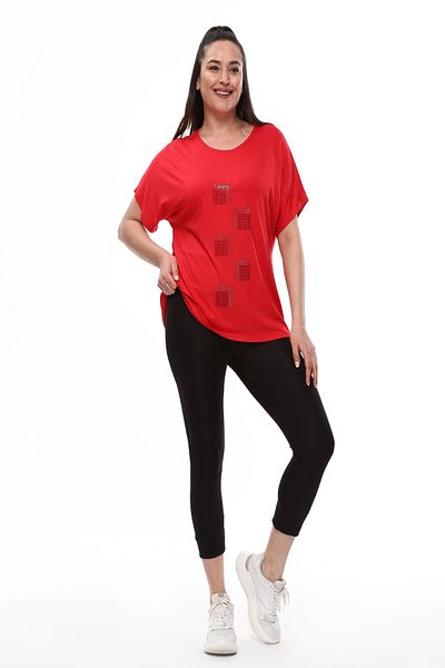 xlargebutik Plus Size Women's Clothing Red Full Flexible Front Stone Blouse