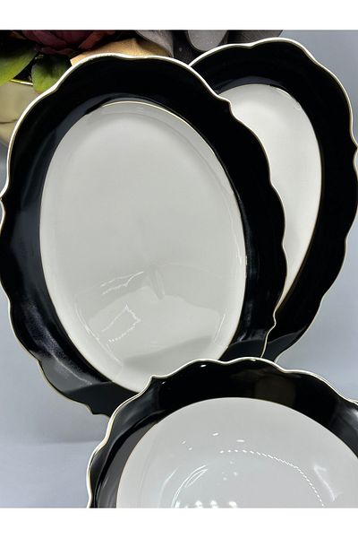 MD MİMOZA DEKOR Serving Boat Plate and Bowl Set 3 Pieces Black