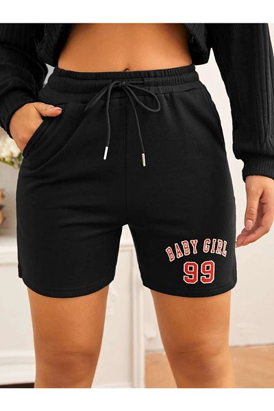 MODARİCH Baby Girl 99 Written Shorts -μαύρο, εμπριμέ, ψηλόμεσο, πλεκτό, τσέπη, γυναικείο