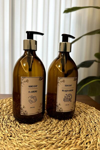 betonmall Δοχείο υγρού σαπουνιού και σαπουνιού πιάτων από κεχριμπαρένιο γυαλί 2 τεμαχίων 500 ml