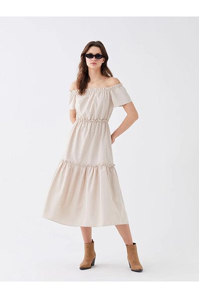 LC Waikiki Γυναικείο φόρεμα Xsıde Boat Neck ίσιο κοντομάνικο