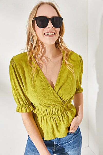 Olalook Dámská olejově zelená halenka s elastickým pasem, dvouřadá BLZ-19002187