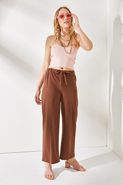 Olalook Dámské hořké hnědé kalhoty Palazzo s elastickým pasem s páskem PNT-19000211