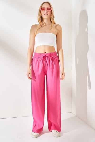 Olalook Kadın Pembe Kuşaklı Beli Lastikli Palazzo Ayrobin Pantolon PNT-19000200