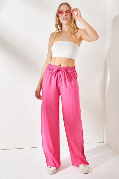 Olalook Kadın Pembe Kuşaklı Beli Lastikli Palazzo Ayrobin Pantolon PNT-19000200
