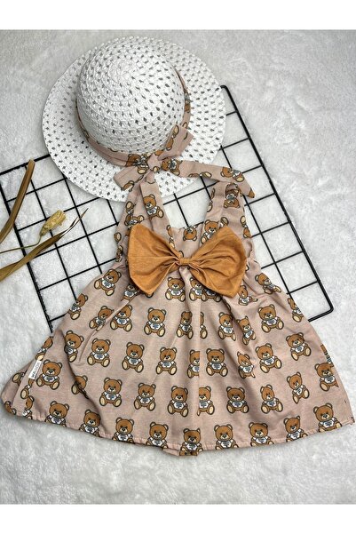 Minizade Sevimli Ayıcık Desenli Şapkalı Yazlık Kız Bebek Elbise