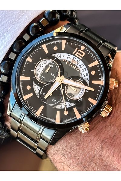 FERRO Brand Black Color, Steel Strap, Functions Active Men's Wristwatch + Bracelet