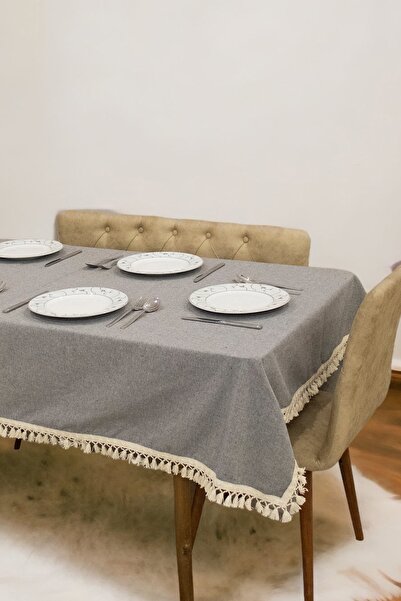 NDC HOME Gray Anthracite Cotton Linen Raw Pompom Tablecloth