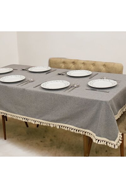 NDC HOME Gray Anthracite Cotton Linen Raw Pompom Tablecloth
