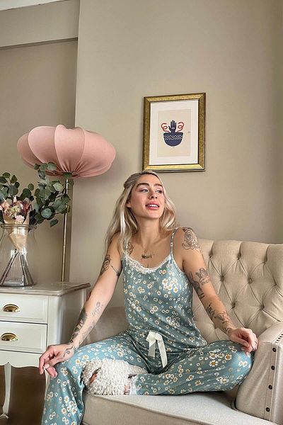 Pijamaevi Πλεκτό Γυναικείο Σετ Πυτζάμες Πράσινο Mini Daisy Lace String String