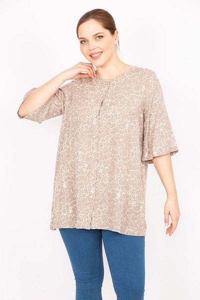 Şans Women's Beige Large Size Woven Viscose Fabric Front Buttoned Short Sleeve Blouse 65n35879