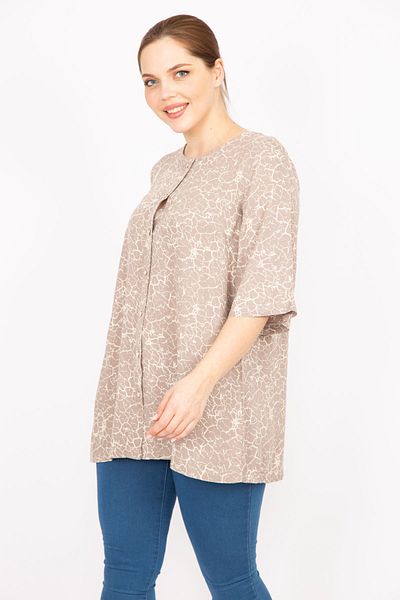 Şans Women's Beige Large Size Woven Viscose Fabric Front Buttoned Short Sleeve Blouse 65n35879