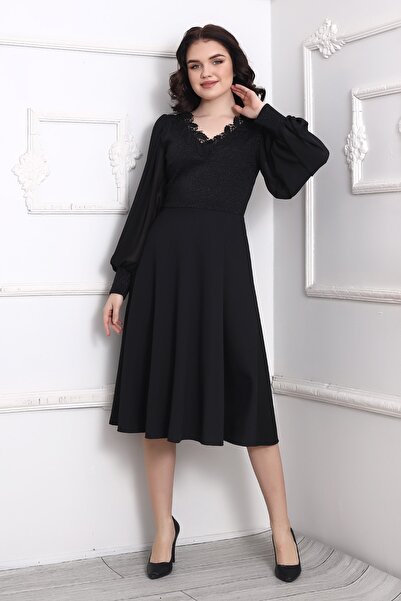 Moda MiraGül Şifon Kol Önü Simli Midi Elbise