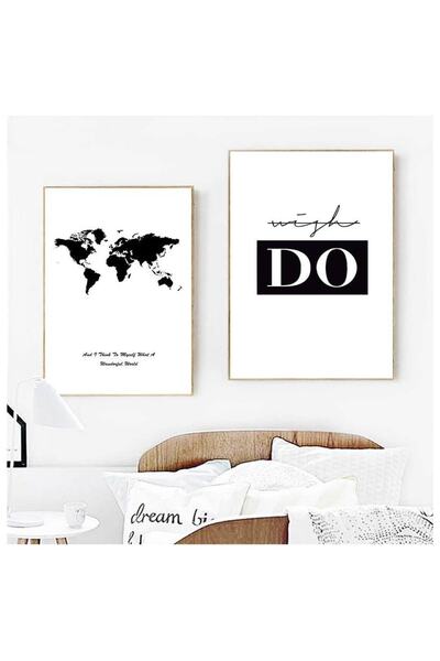 Linacci Black and White World Map Glass Painting Poster Set with Double Gold Aluminum Metal Frame