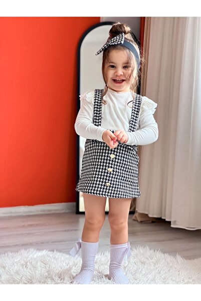 tunay moda Girl's Christmas Houndstooth Salopet, Bandana and Camisole Badi Combination