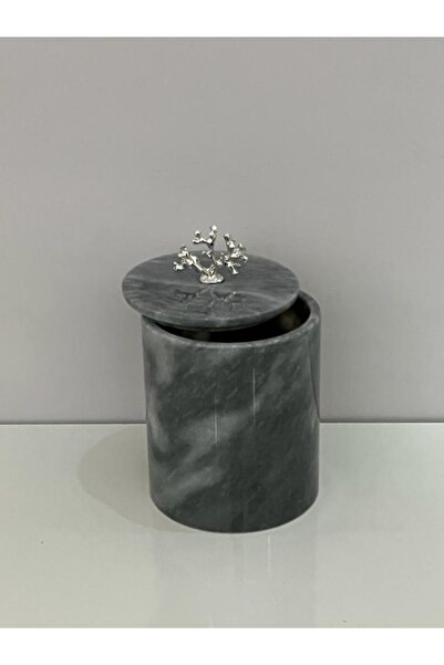 ATAY MERMER TASARIM Gri Mermer Çöp Kovası Gümüş Mercan Aksesuarlı