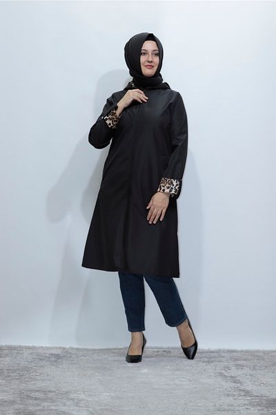 Zey&Ka Butik Plus Size Leopard Printed Hooded Raincoat Trench Wear Cap