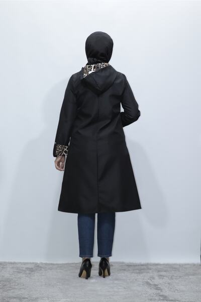 Zey&Ka Butik Büyük Beden Leopar Baskılı Kapüşonlu Yağmurluk Trenç Giy Çık Kap