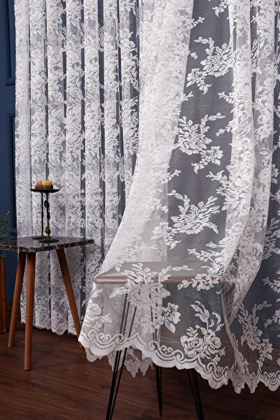 Esse Home Gül Desenli Dantel Tül Perde, 350x250cm, 1/3 Sık Pile, 13esse04181